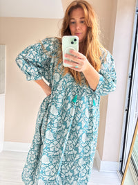 Floral-print cotton smock dress blue moss
