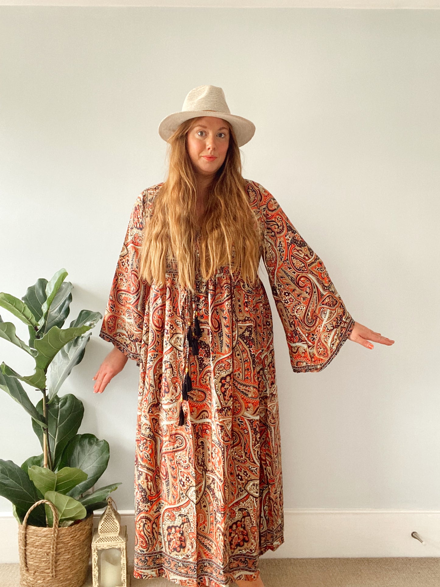 Nova red navy paisley boho silk dress