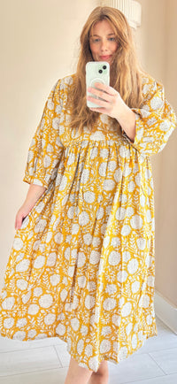 Floral-print cotton smock dress mustard