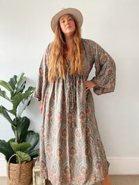 Nova grey pink paisley-print boho silk dress