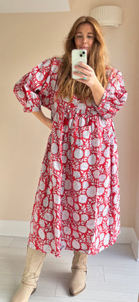 Floral-print cotton smock dress rose red