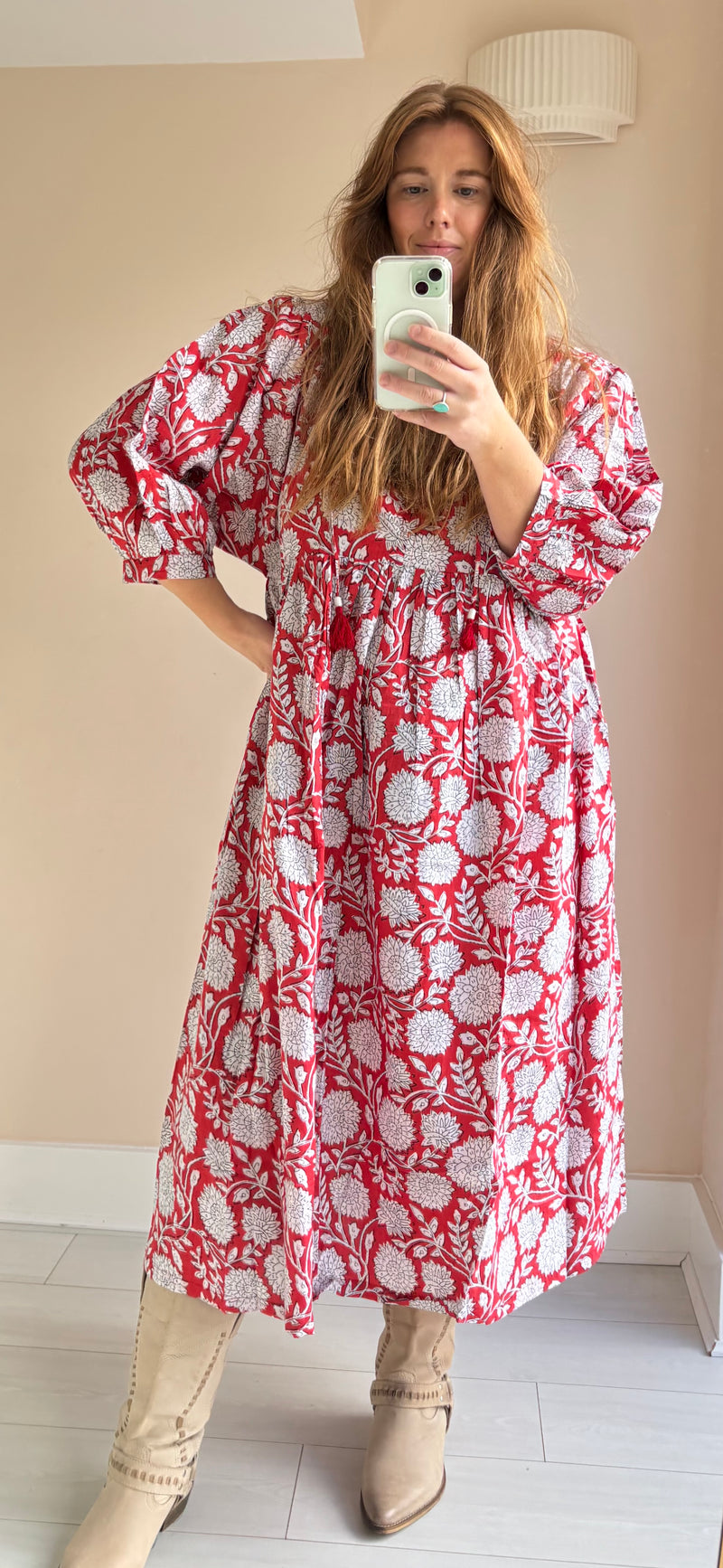 Floral-print cotton smock dress rose red