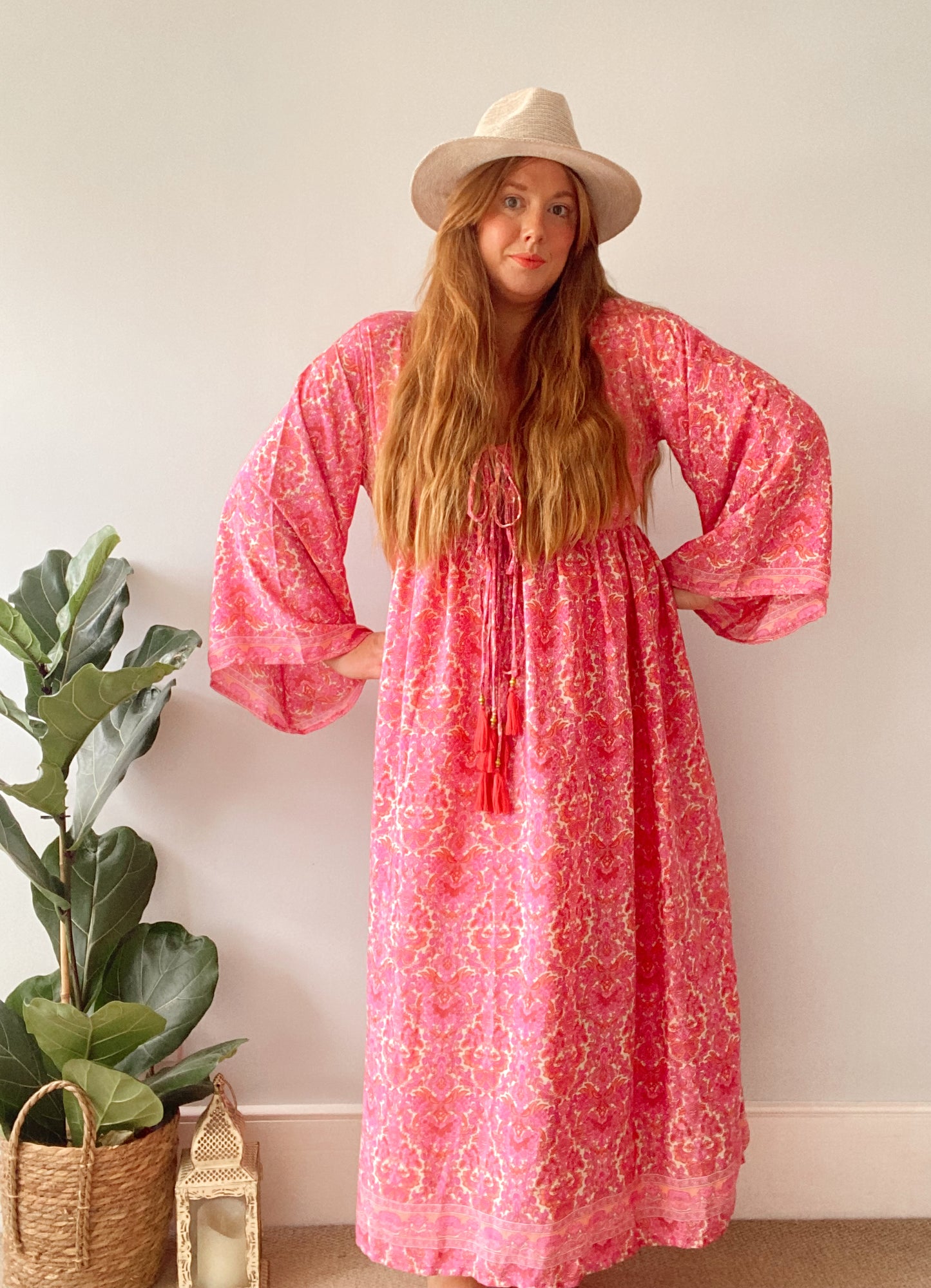 Nova pink floral-print boho silk dress