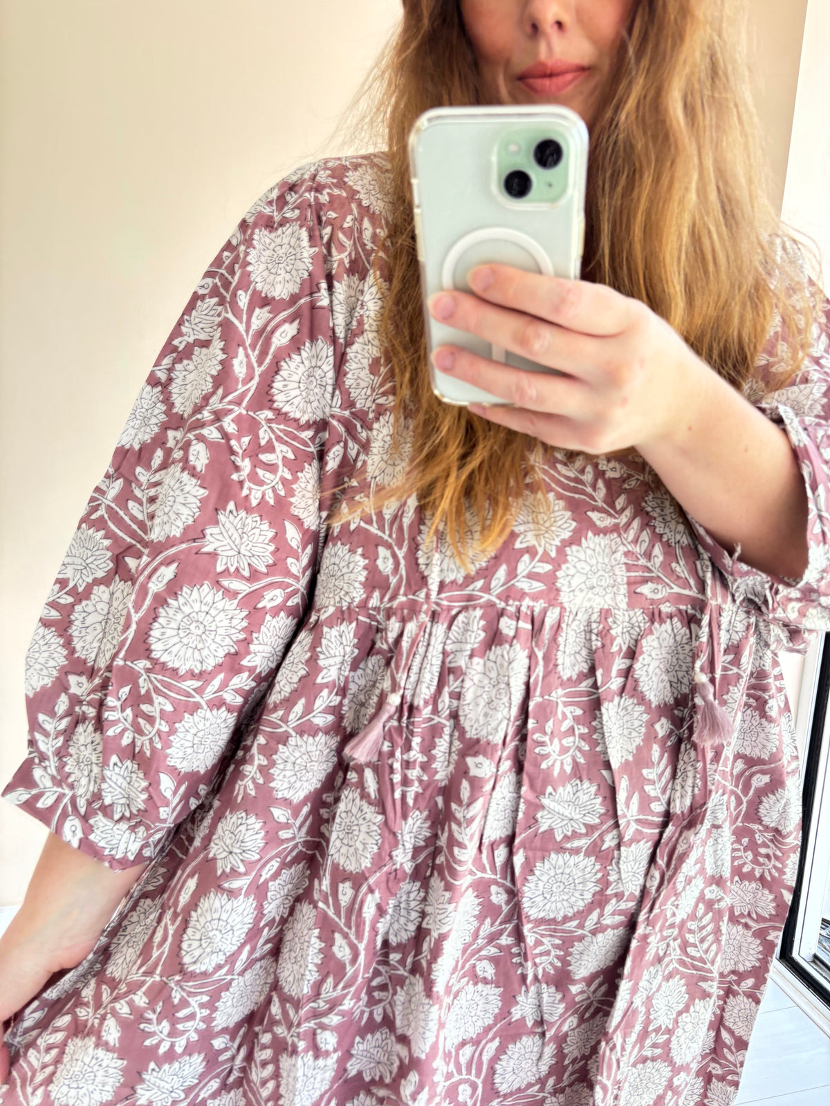 Floral-print cotton smock dress mauve