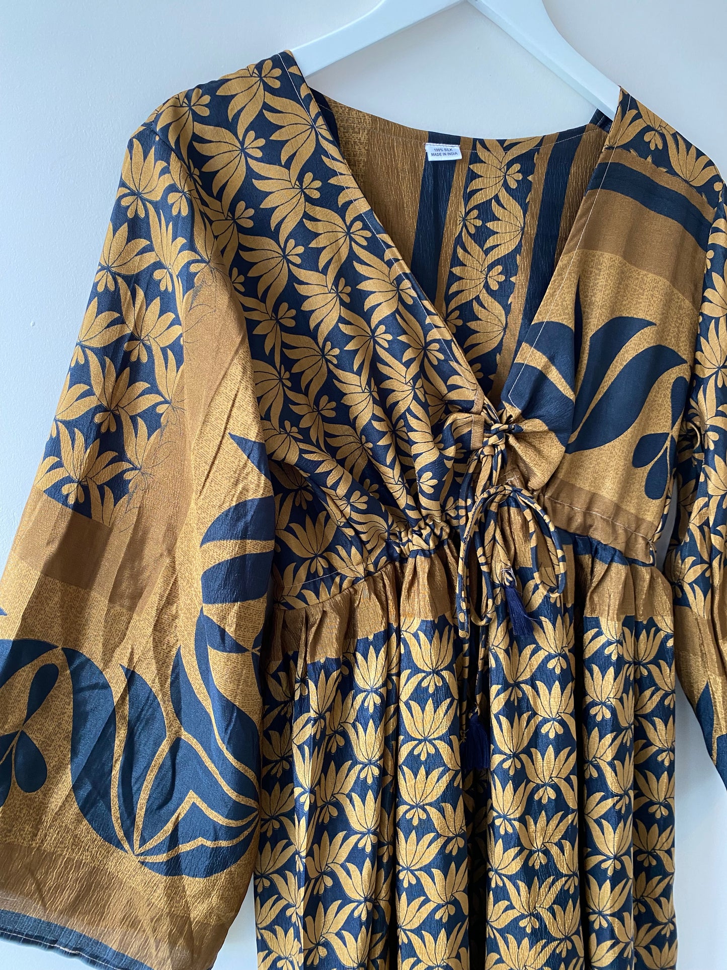 Nova brown and navy recycled-silk midi dress free size UK8-14DRESSES