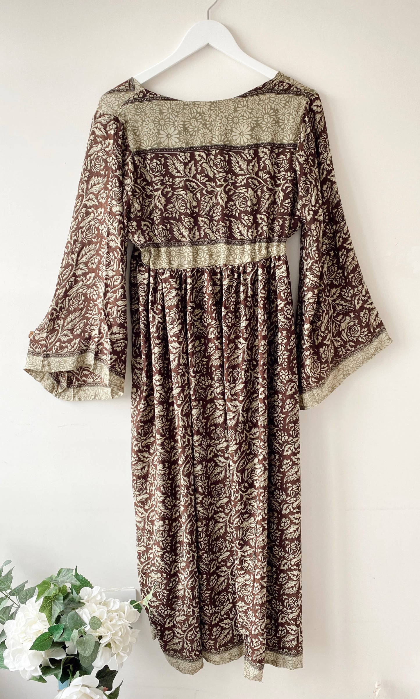 Nova brown light-green floral print recycled-silk midi dress free size UK8-14DRESSES