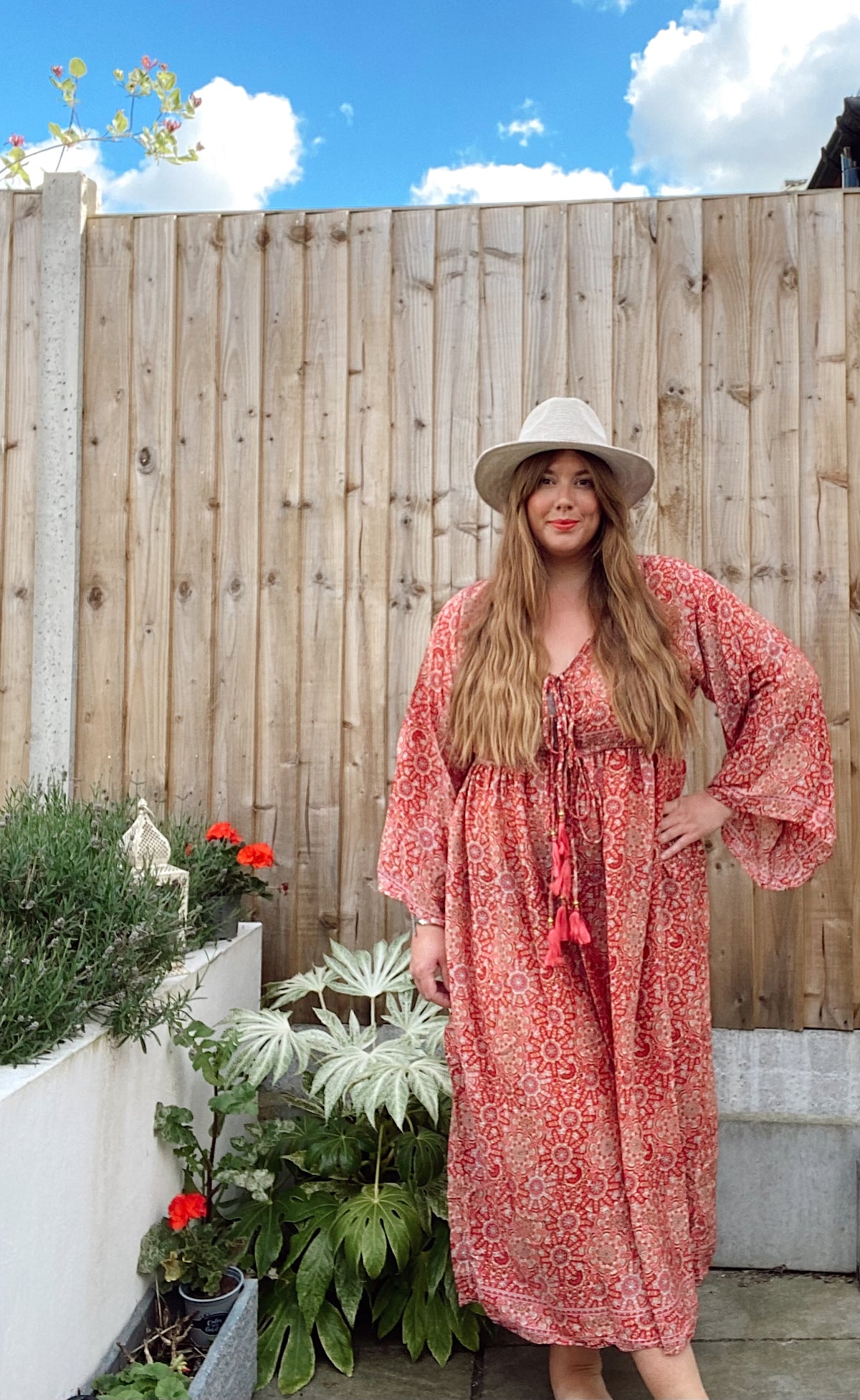 Nova red boho printed silk dress
