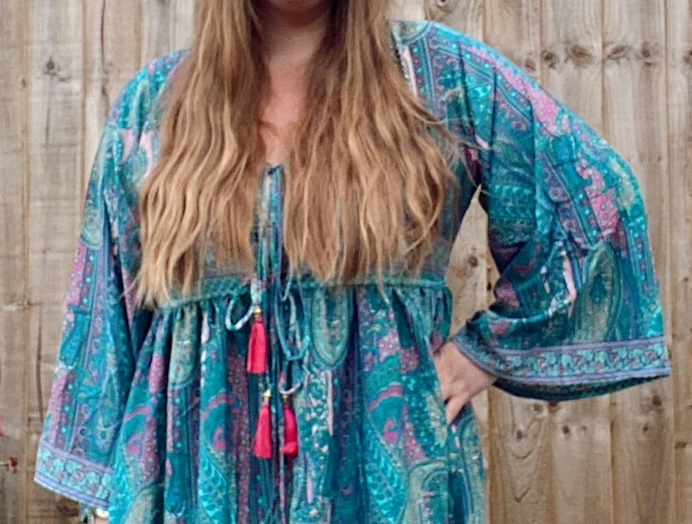 Nova teal pink paisley-print boho silk dress