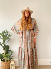 Cora pink and blue pastel floral-print silk midi dress