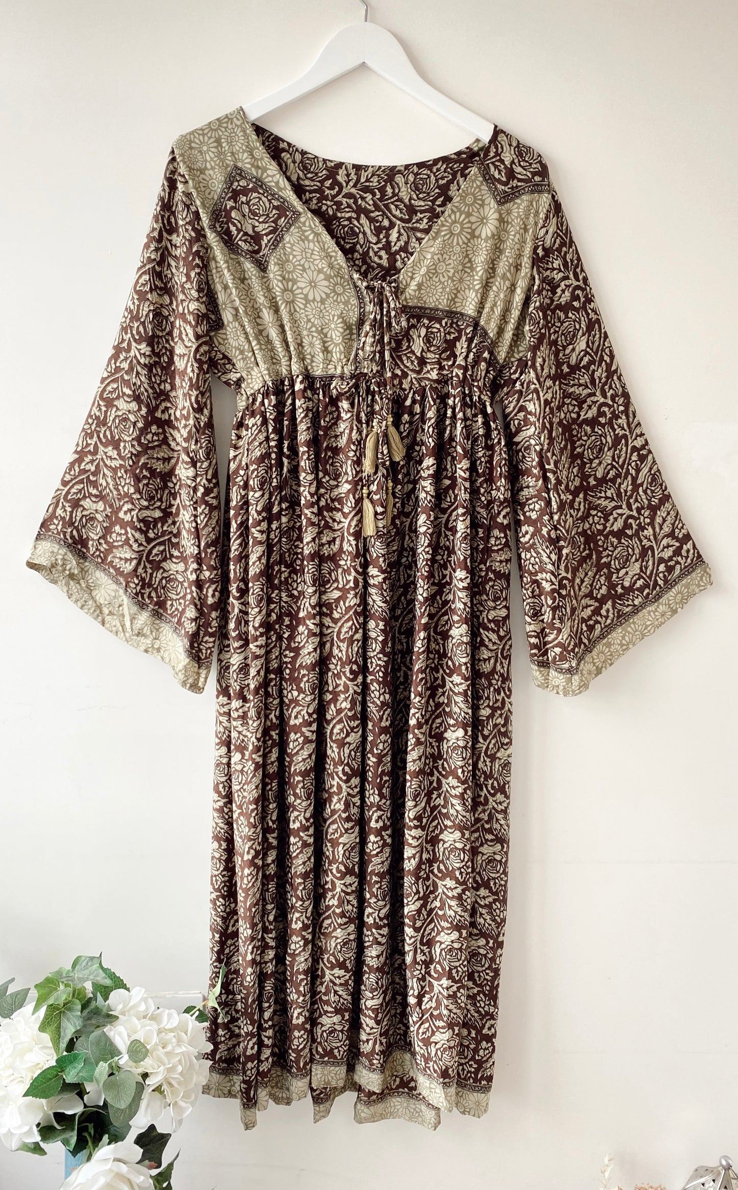 Nova brown light-green floral print recycled-silk midi dress free size UK8-14DRESSES