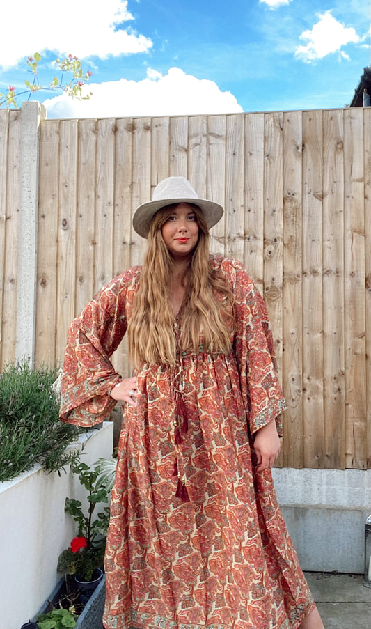 Nova cream red floral-print boho silk dress