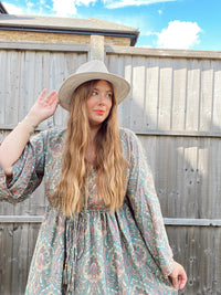 Nova grey pink paisley-print boho silk dress
