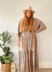 Cora pink and blue pastel floral-print silk midi dress