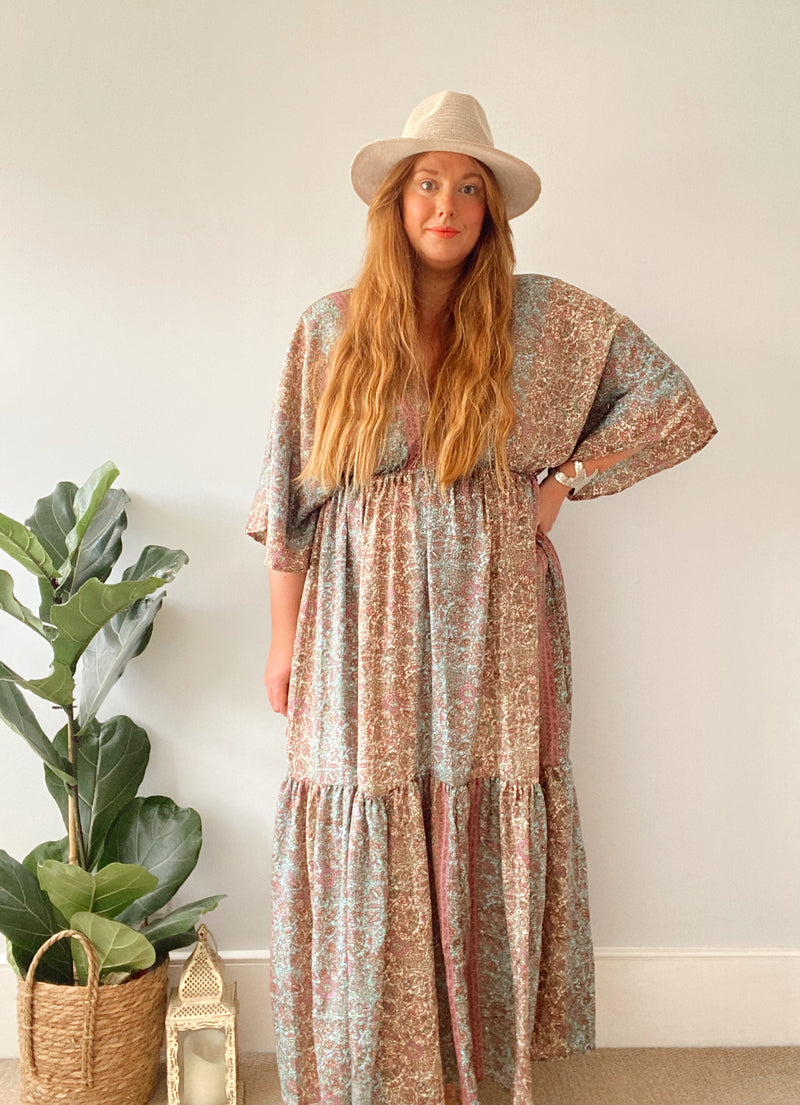 Cora pink and blue pastel floral-print silk midi dress