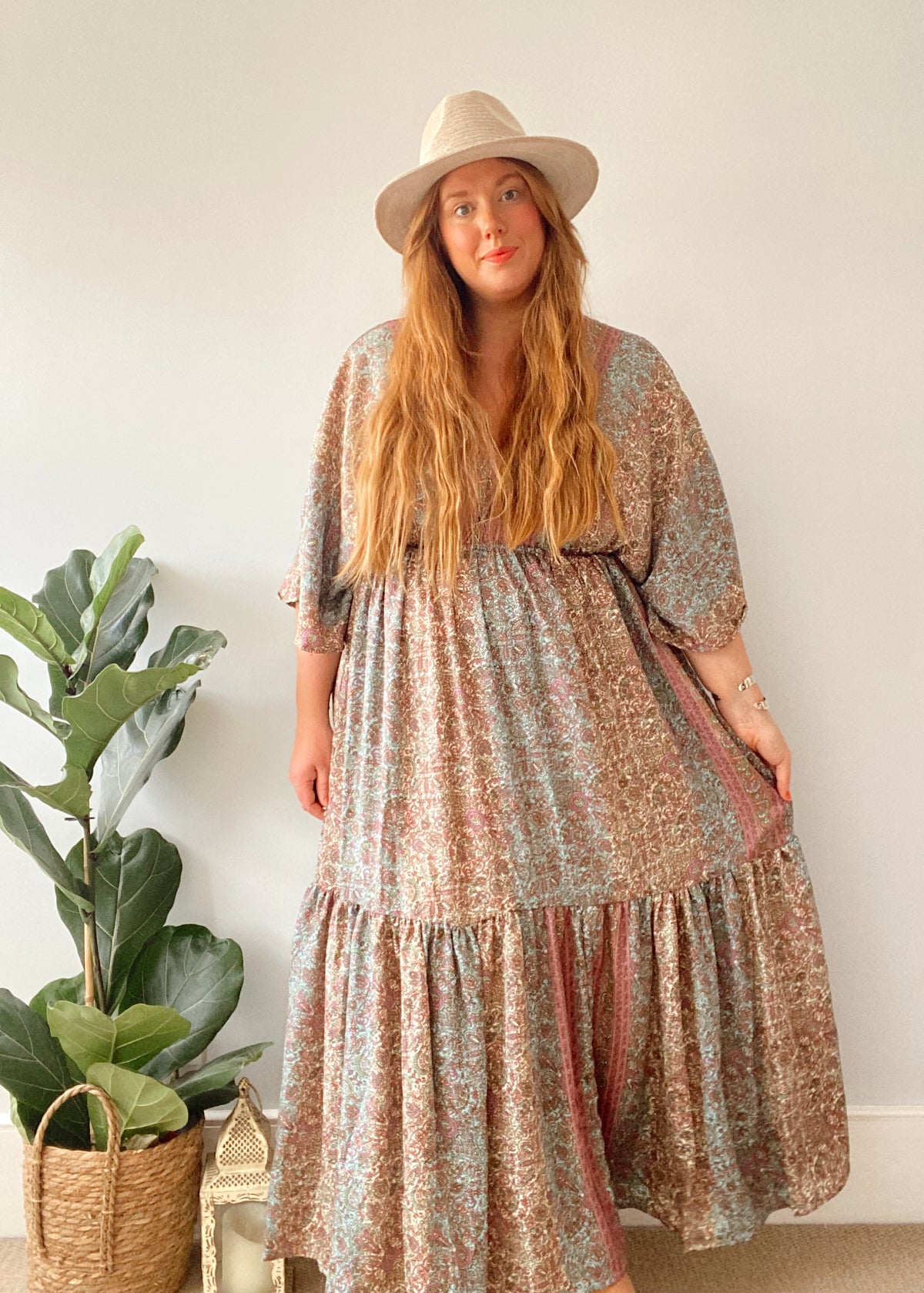 Cora pink and blue pastel floral-print silk midi dress