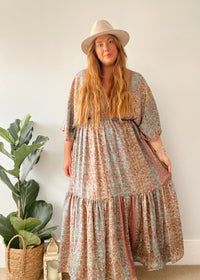 Cora pink and blue pastel floral-print silk midi dress