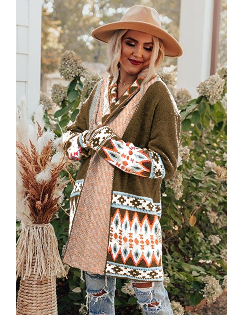 Clara vintage-inspired Aztec-print knitted boho cardigan/shawl