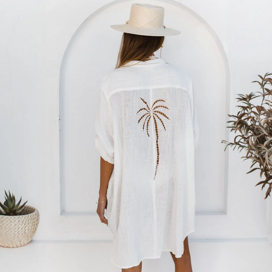 Palm-tree cotton-blend blouse cover-up shirt free size Uk8-14