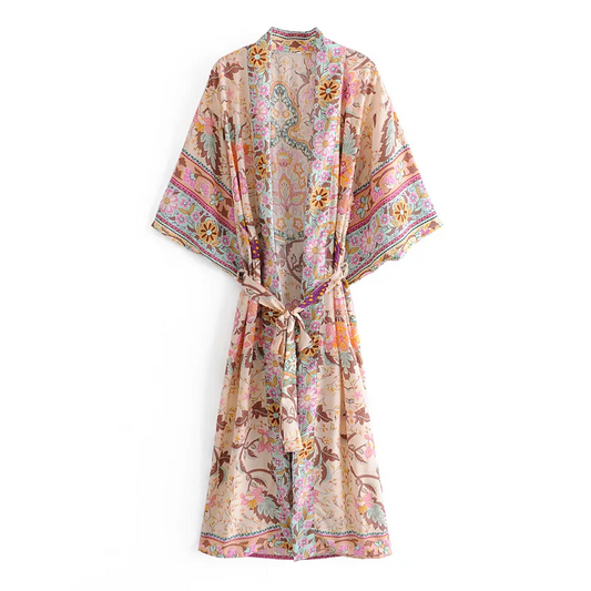 Luna pink floral-print bohemian kimono//cover-up//wrap dress