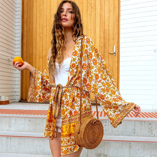 Yellow floral-print bohemian kimono//cover-up