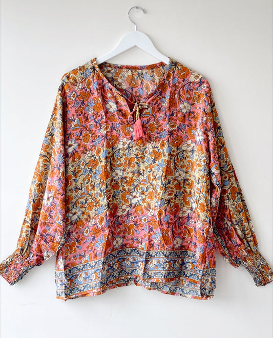 Florence beige/pink floral-print blouse free size UK 8-14blouse