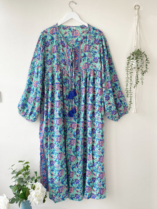 Florence blue/mint floral-print silk dress free size UK 8-16DRESSES