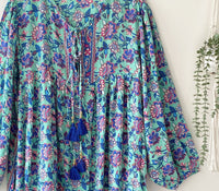 Florence blue/mint floral-print silk dress free size UK 8-16DRESSES