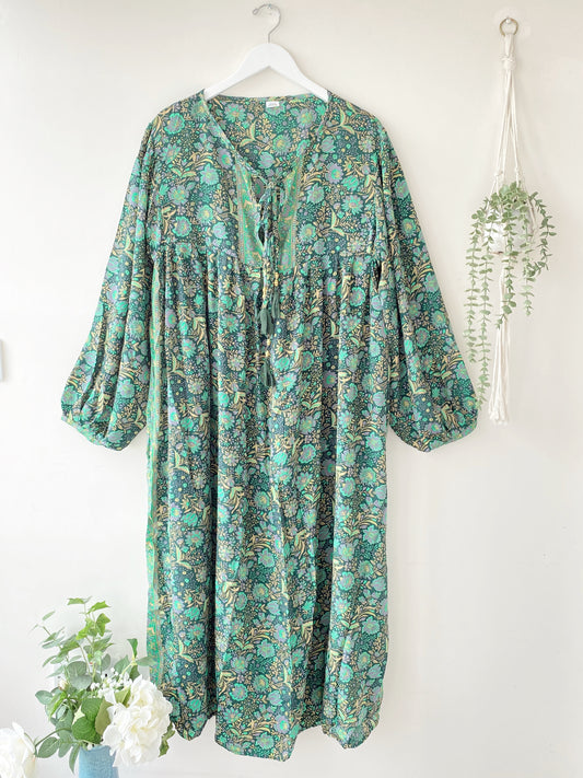 Florence forest-green floral-print silk dress free size UK 8-16DRESSES