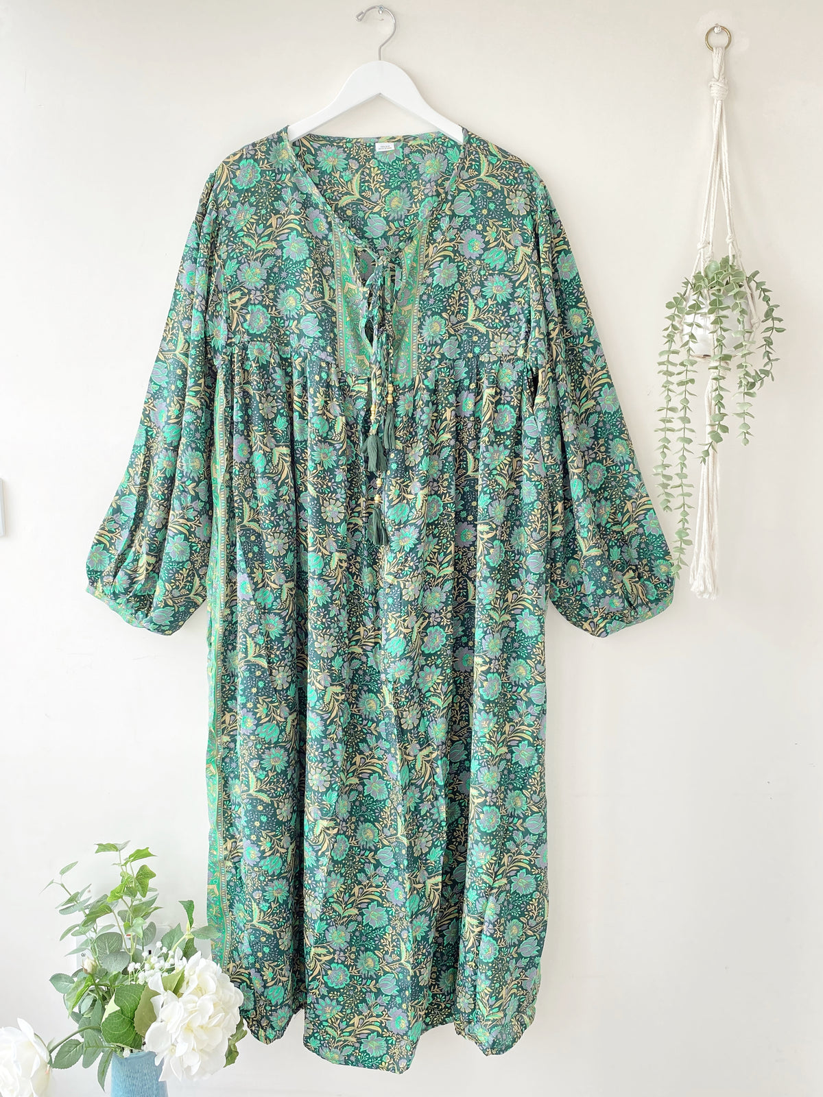 Florence forest-green floral-print silk dress free size UK 8-16DRESSES