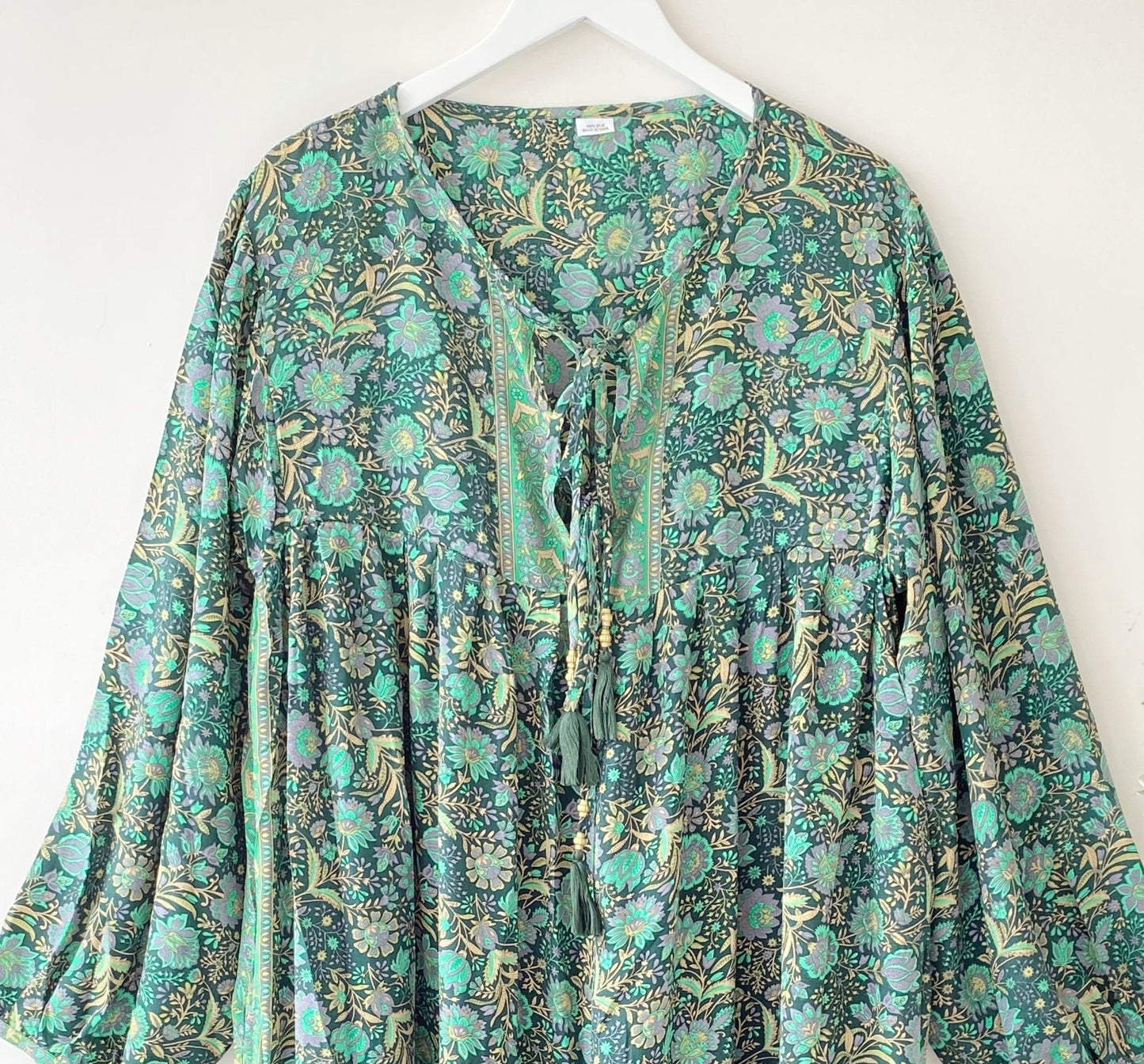 Florence forest-green floral-print silk dress free size UK 8-16DRESSES