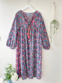 Florence navy/pink floral-print silk dress free size UK 8-16DRESSES