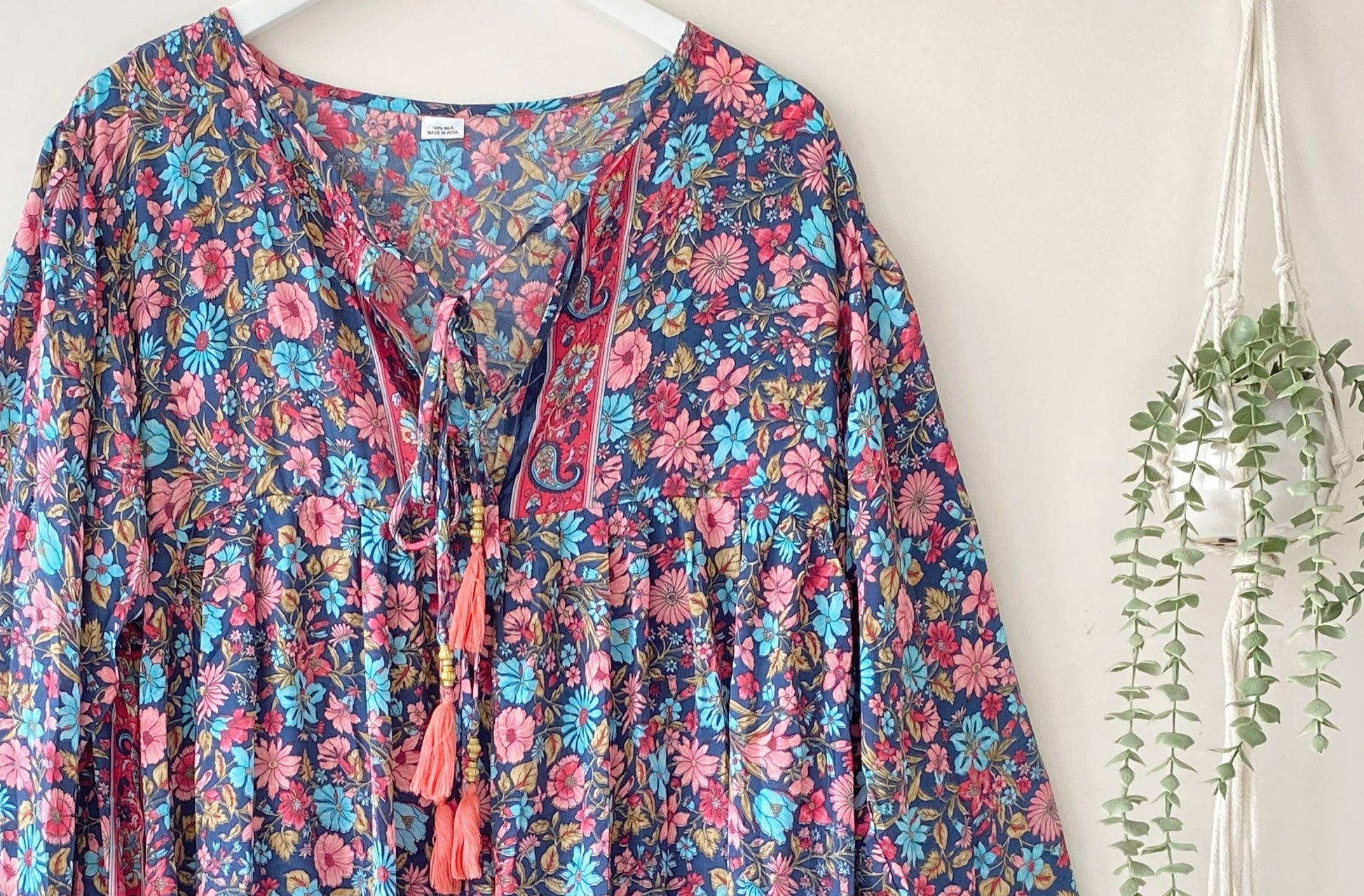 Florence navy/pink floral-print silk dress free size UK 8-16DRESSES