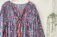 Florence navy/pink floral-print silk dress free size UK 8-16DRESSES