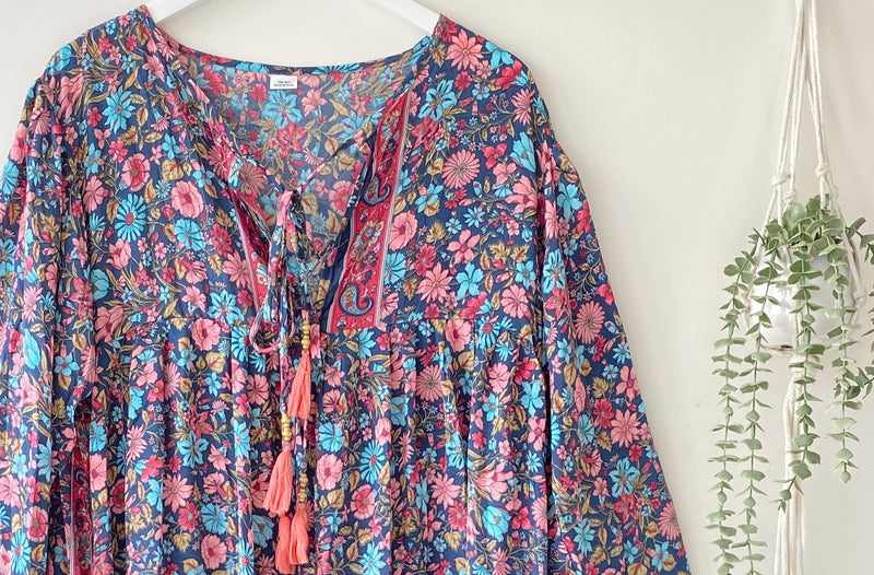 Florence navy/pink floral-print silk dress free size UK 8-16DRESSES