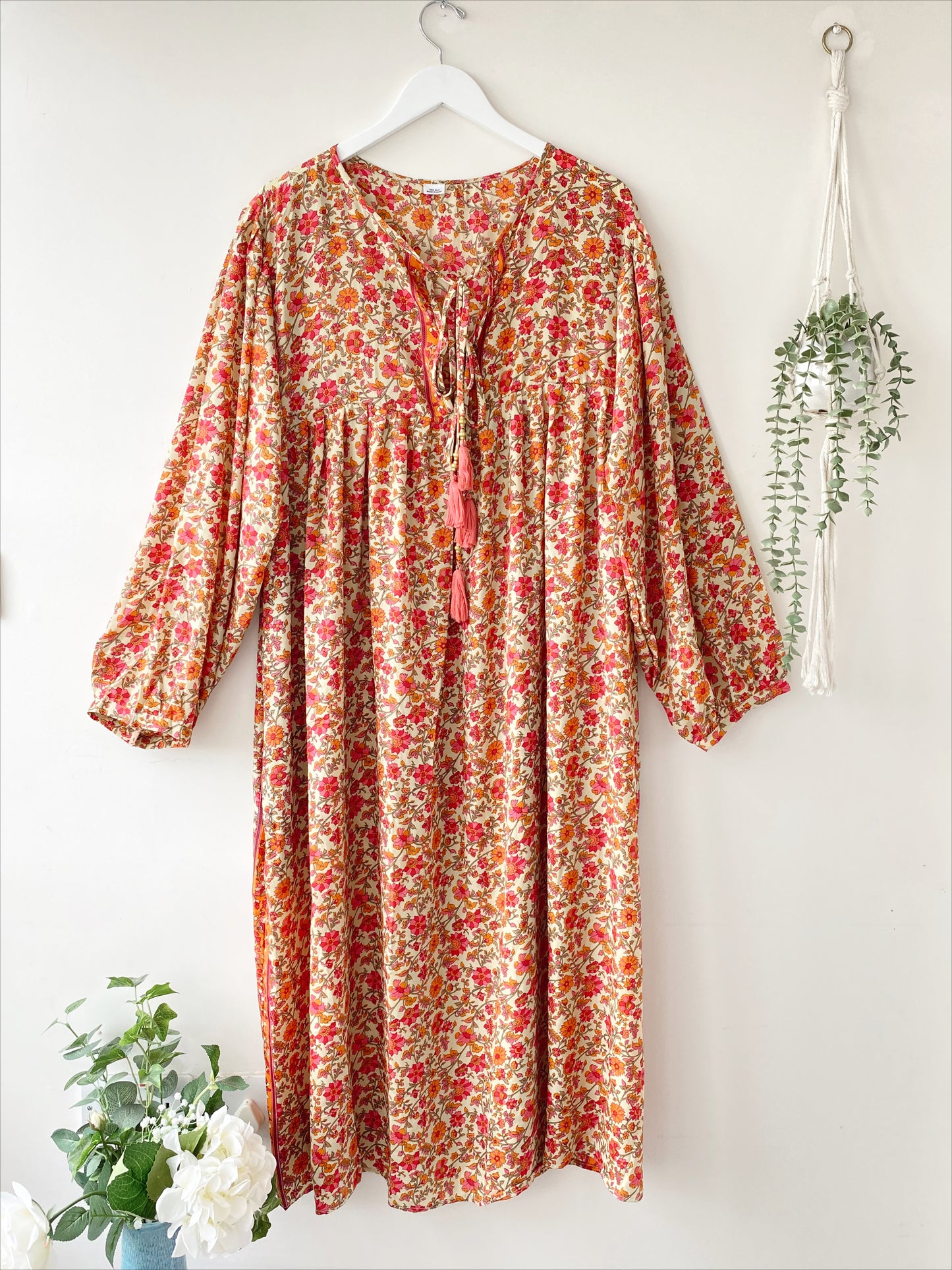 Florence beige/pink floral-print silk dress free size UK 8-16DRESSES