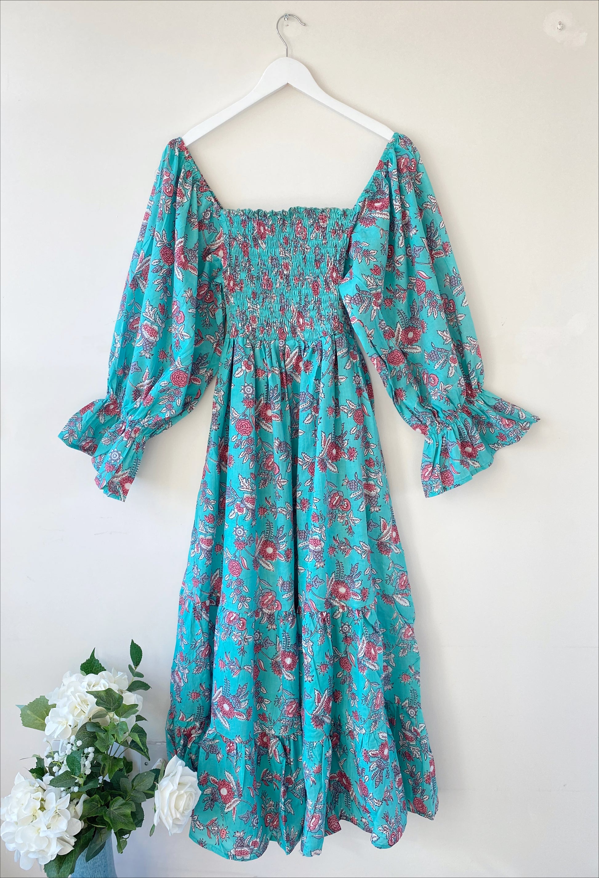 Lila turquoise block-printed cotton bardot balloon-sleeved maxi dressDRESSES