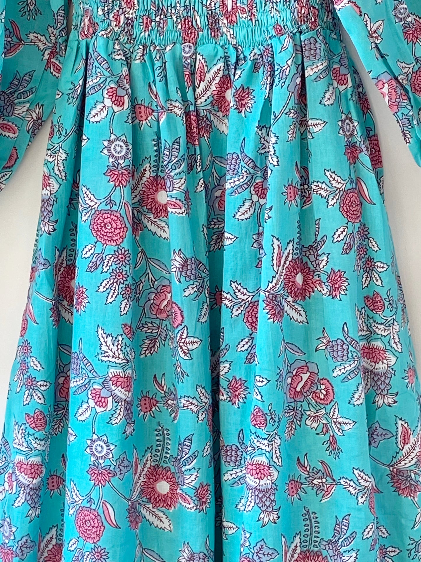 Lila turquoise block-printed cotton bardot balloon-sleeved maxi dressDRESSES