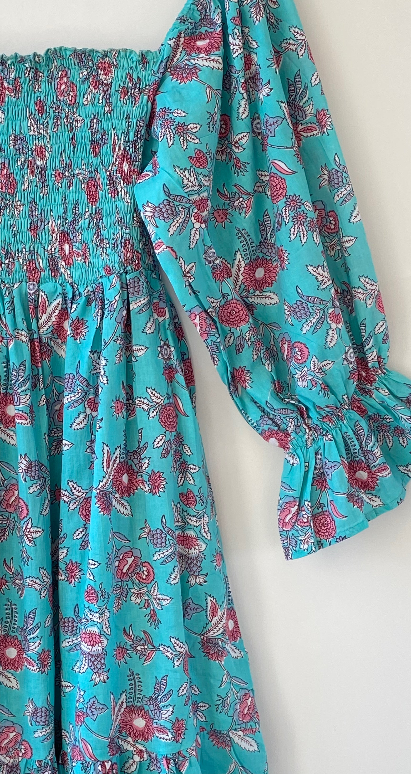 Lila turquoise block-printed cotton bardot balloon-sleeved maxi dressDRESSES