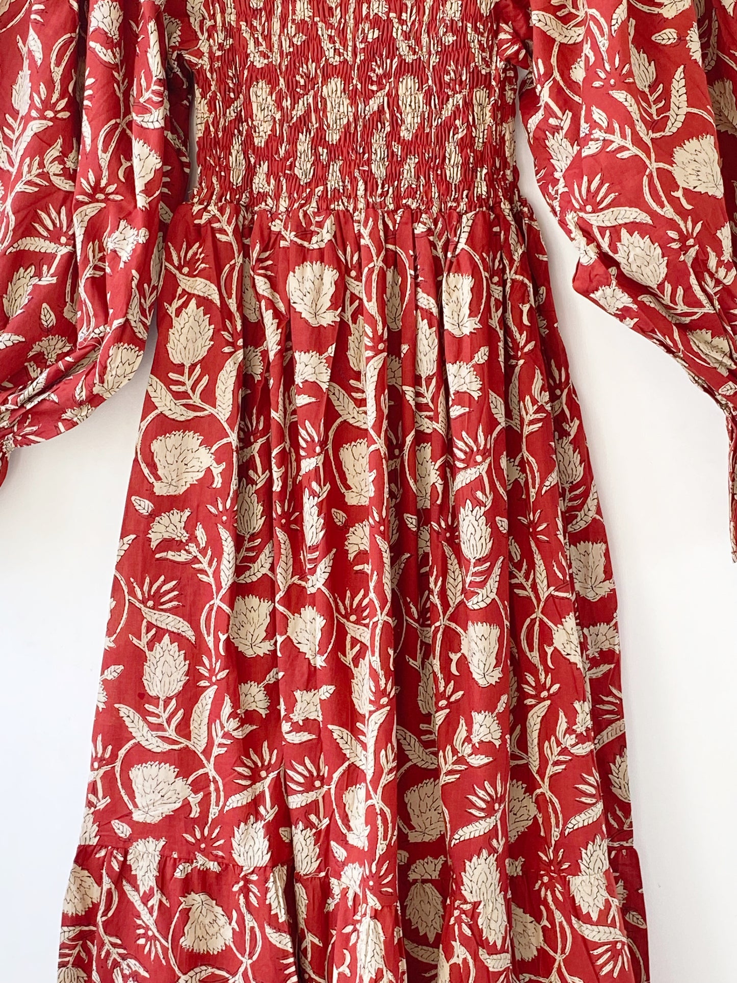 Lila brick-red block-printed cotton bardot balloon-sleeved maxi dressDRESSES