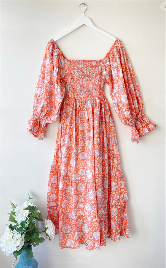 Lila peach block-printed cotton bardot balloon-sleeved maxi dressDRESSES
