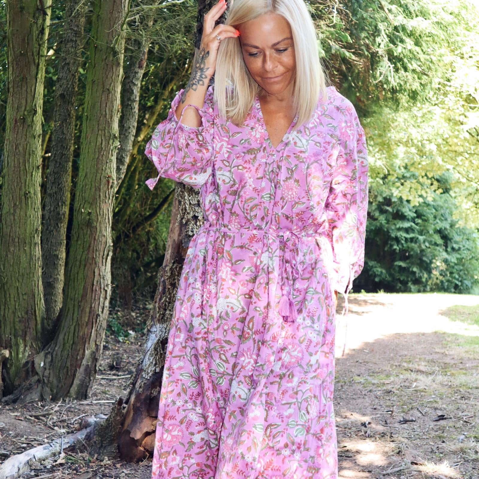 Rosalie bohemian floral-print pink cotton maxi kaftan//dress free sizeDRESSES