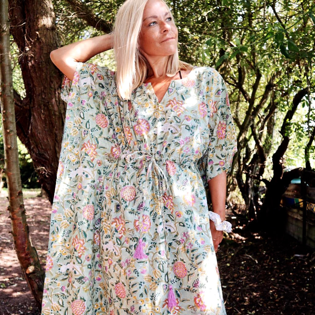 Eden bohemian floral-print green cotton maxi kaftan//dress free sizeDRESSES