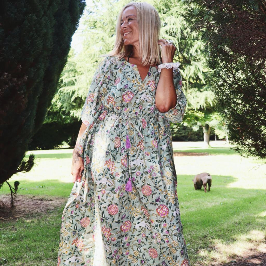 Eden bohemian floral-print green cotton maxi kaftan//dress free sizeDRESSES