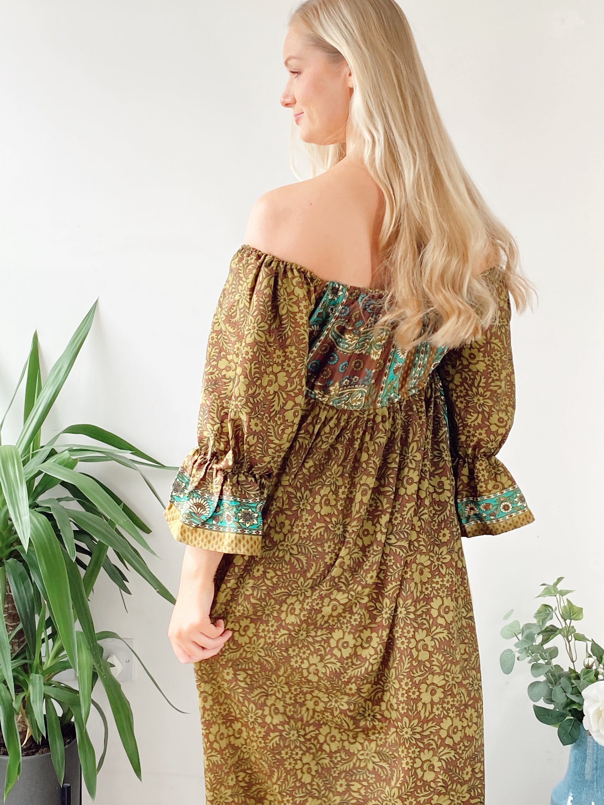 Bella khaki and brown printed recycled-silk bardot maxi dressDRESSES