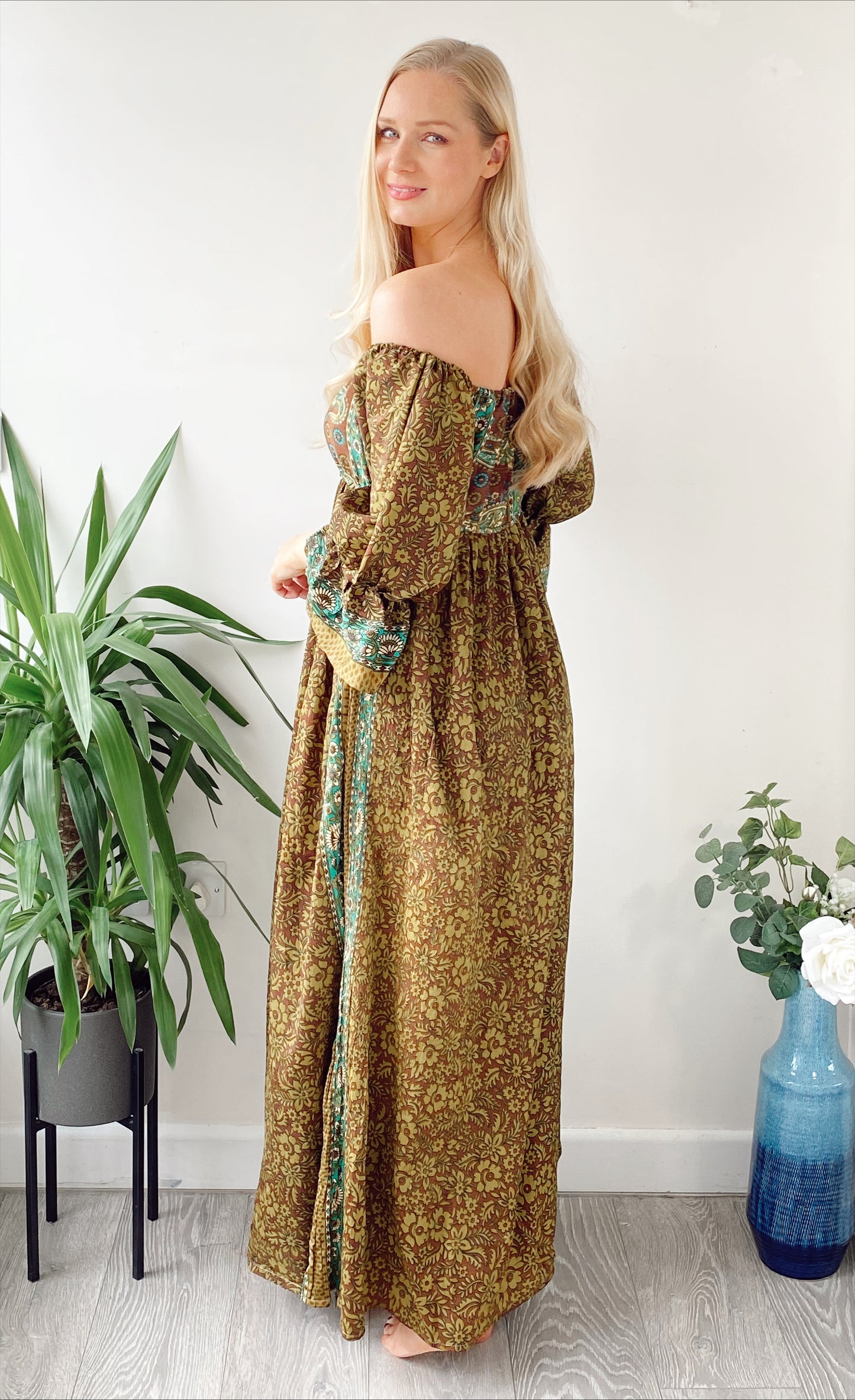 Bella khaki and brown printed recycled-silk bardot maxi dressDRESSES