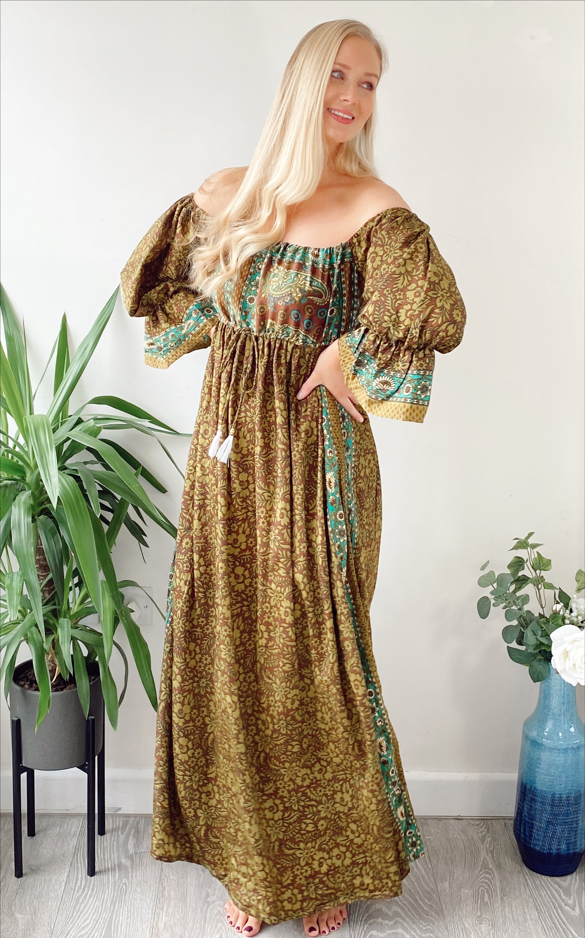 Bella khaki and brown printed recycled-silk bardot maxi dressDRESSES