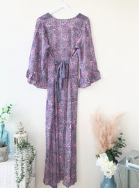 Bluebell lilac vintage-silk free-size ruffled-sleeved tie maxi dressDRESSES