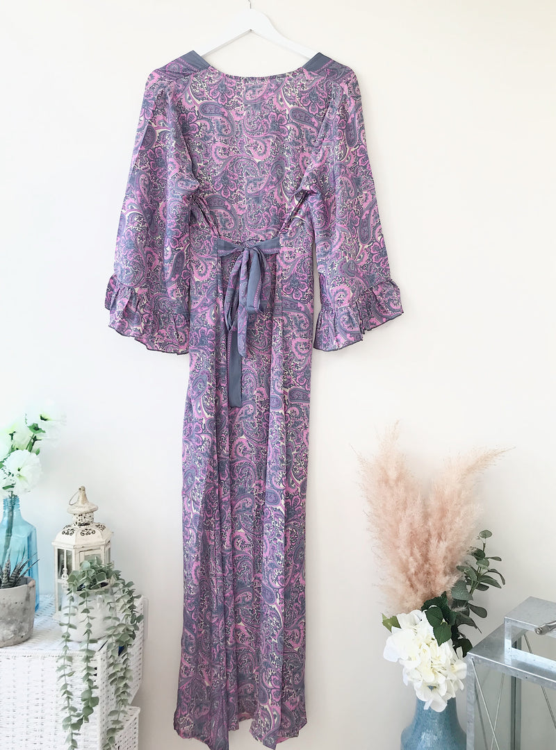 Bluebell lilac vintage-silk free-size ruffled-sleeved tie maxi dressDRESSES