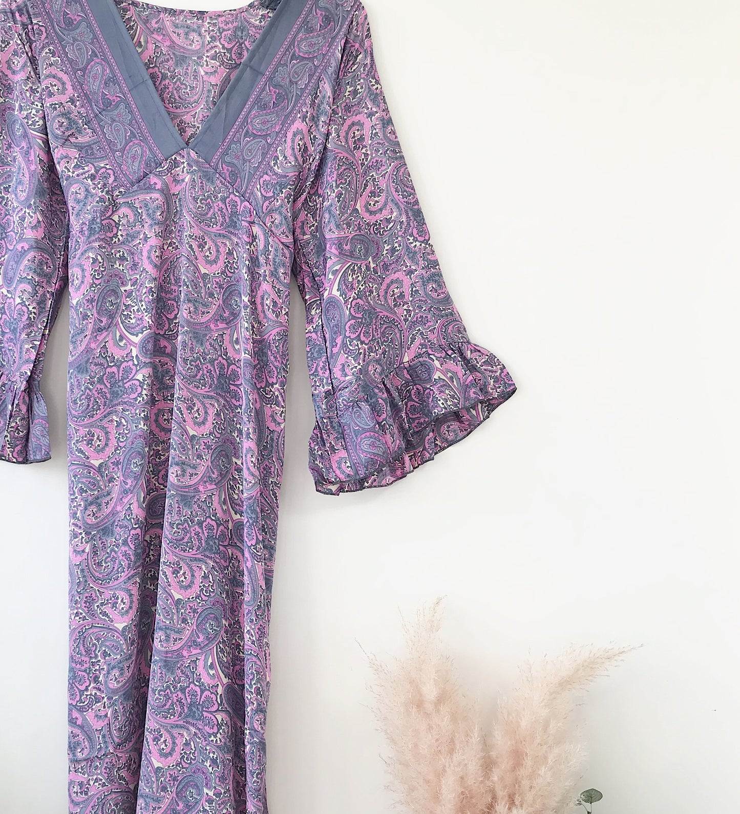 Bluebell lilac vintage-silk free-size ruffled-sleeved tie maxi dressDRESSES