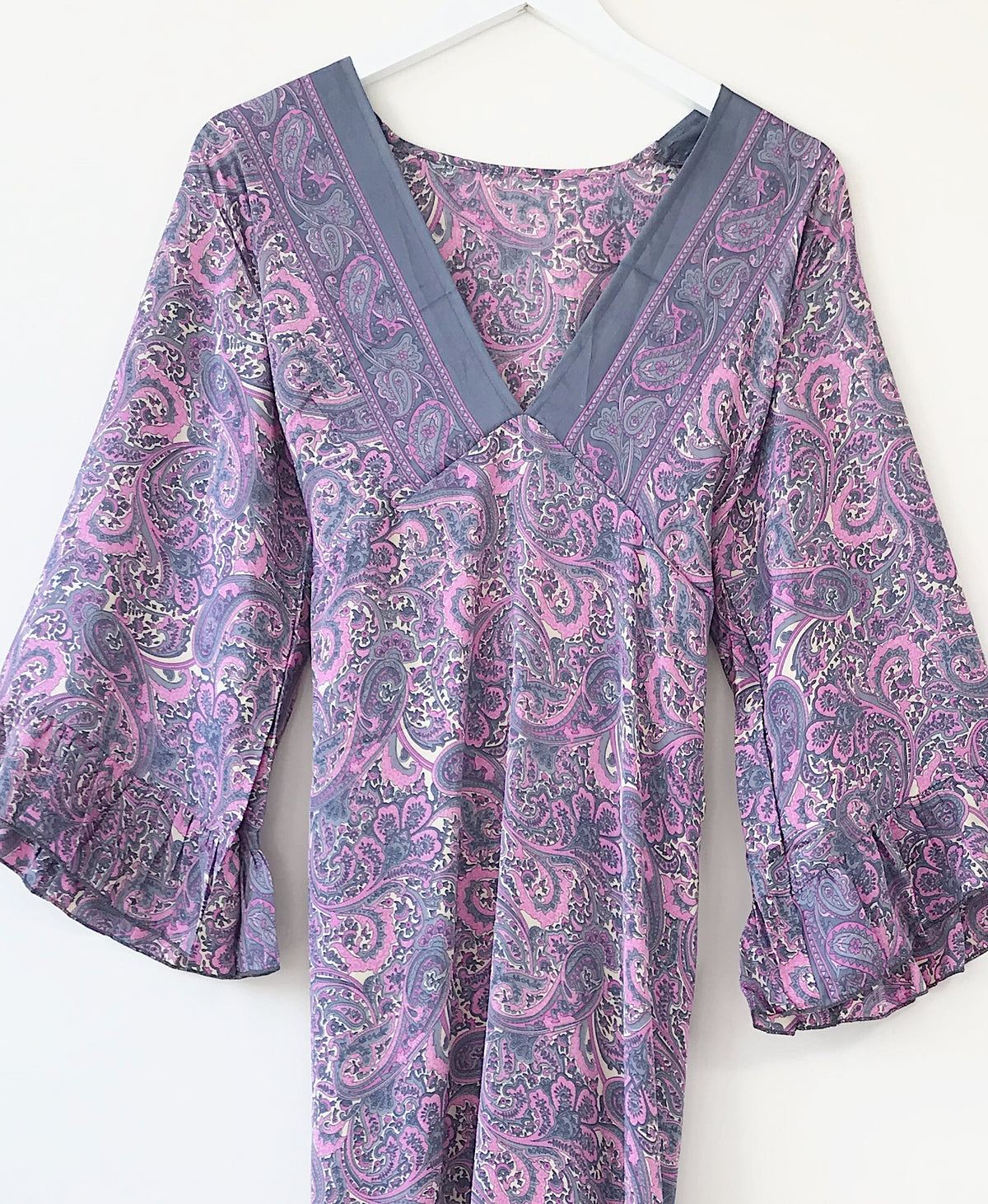 Bluebell lilac vintage-silk free-size ruffled-sleeved tie maxi dressDRESSES